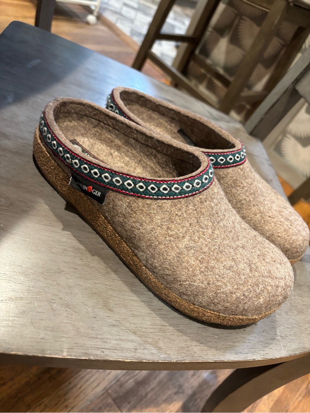 Haflinger Brown Felt Clog with Patterned Green & Red Trim